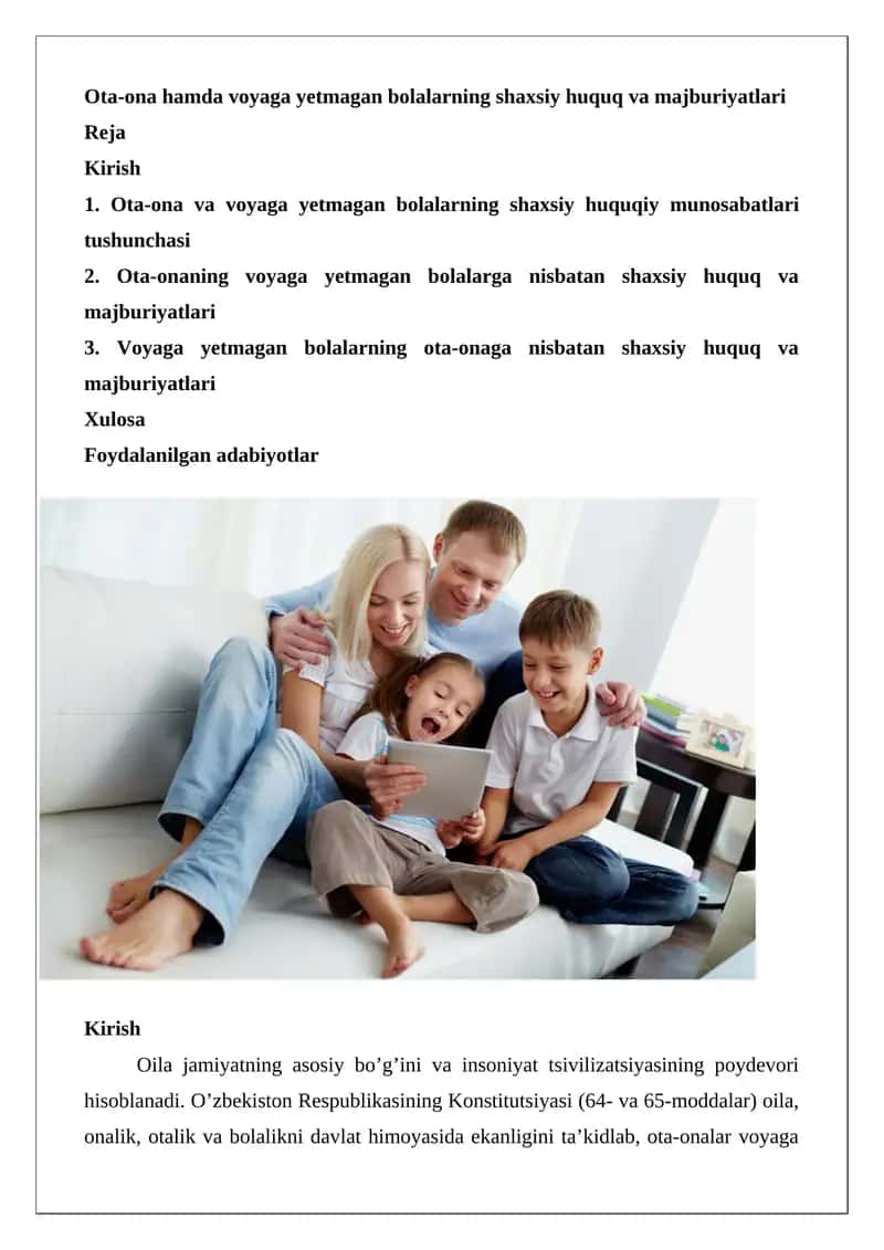 Ota-ona hamda voyaga yetmagan bolalarning shaxsiy huquq va majburiyatlari 1