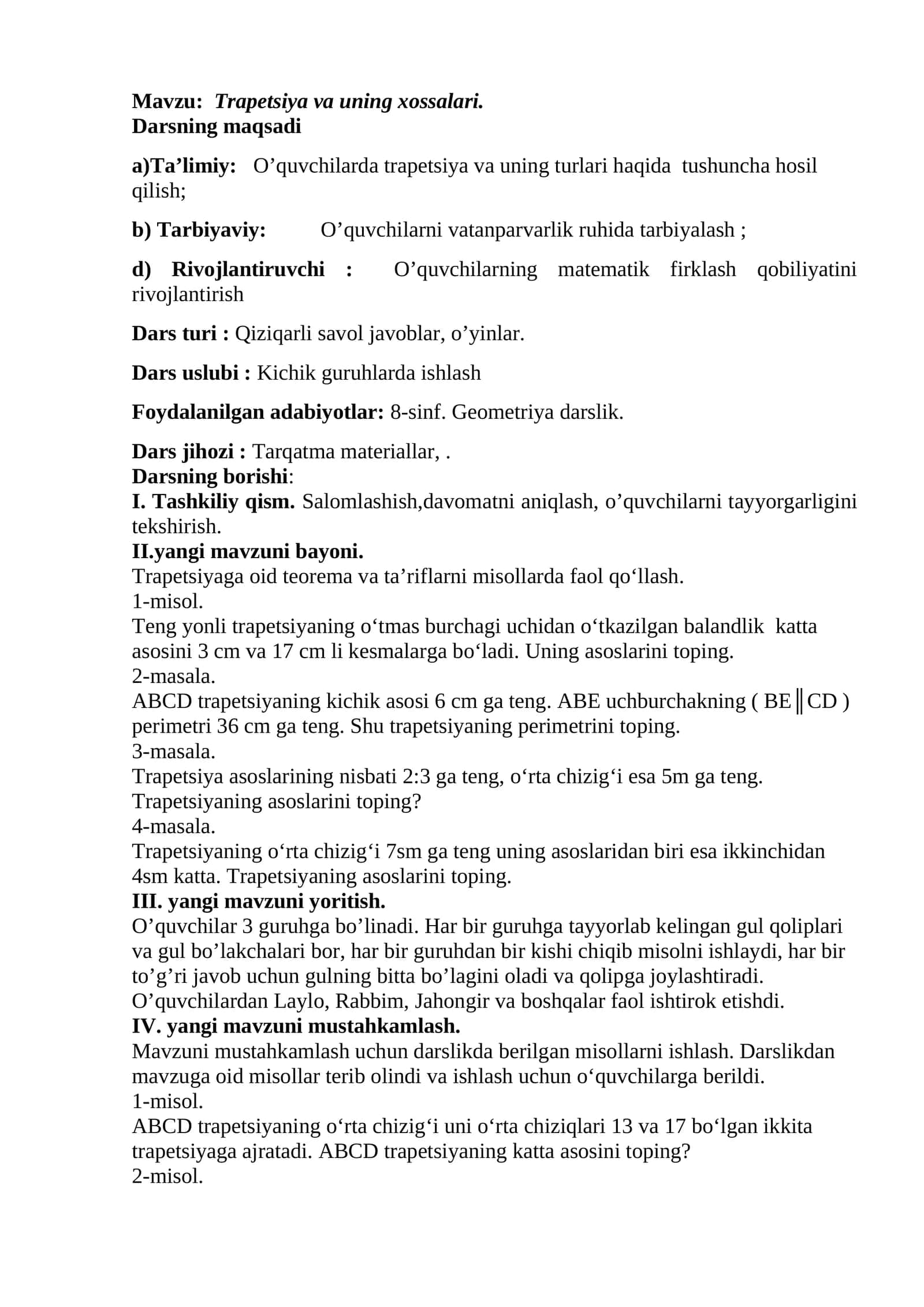 Trapetsiya va uning xossalari 1