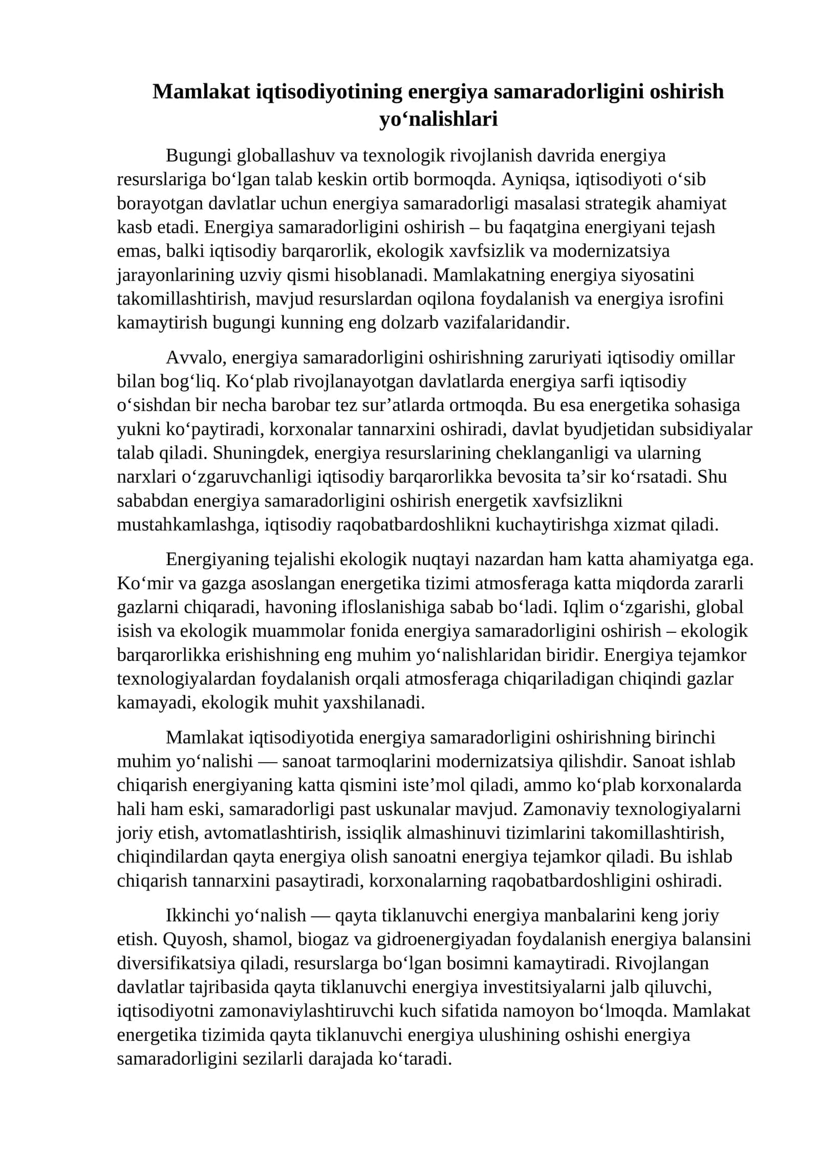 Mamlakat iqtisodiyotining energiya samaradorligini oshirish yo‘nalishlari 1