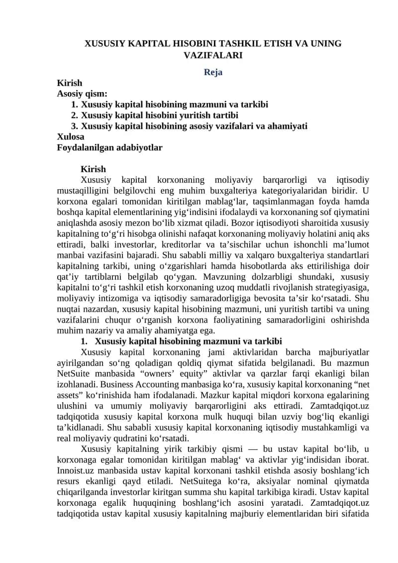 XUSUSIY KAPITAL HISOBINI TASHKIL ETISH VA UNING VAZIFALARI 1