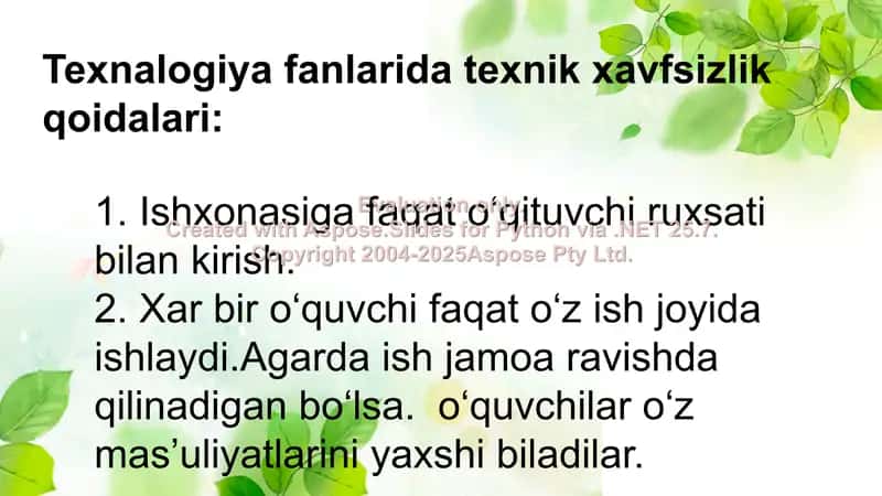 Texnalogiya fanlarida texnik xavfsizlik qoidalari 1