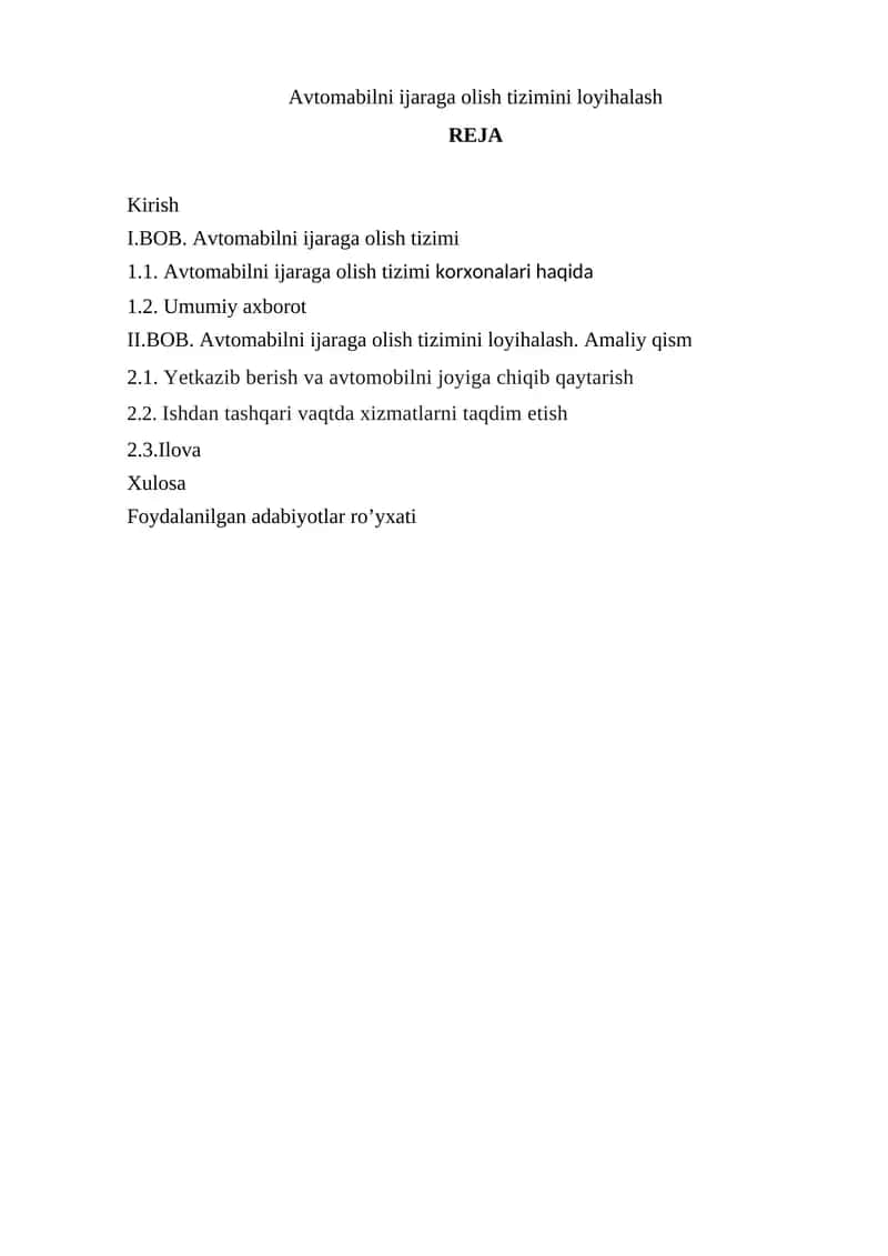 Avtomabilni ijaraga olish tizimini loyihalash 1