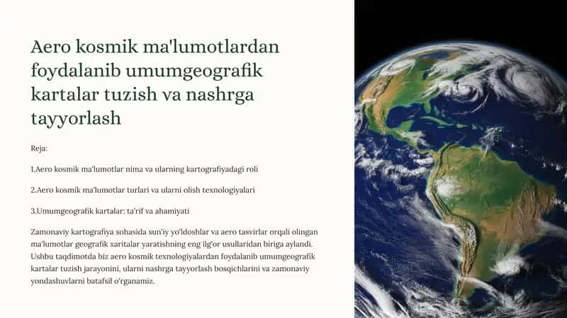 Aero kosmik ma'lumotlardan foydalanib umumgeografik kartalar tuzish va nashrga tayyorlash 1