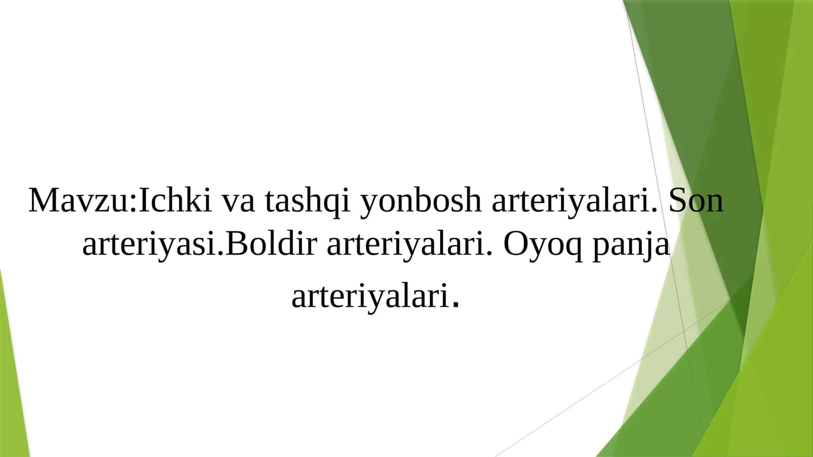 Ichki va tashqi yonbosh arteriyalari. Son arteriyasi.Boldir arteriyalari. Oyoq panja arteriyalari 1