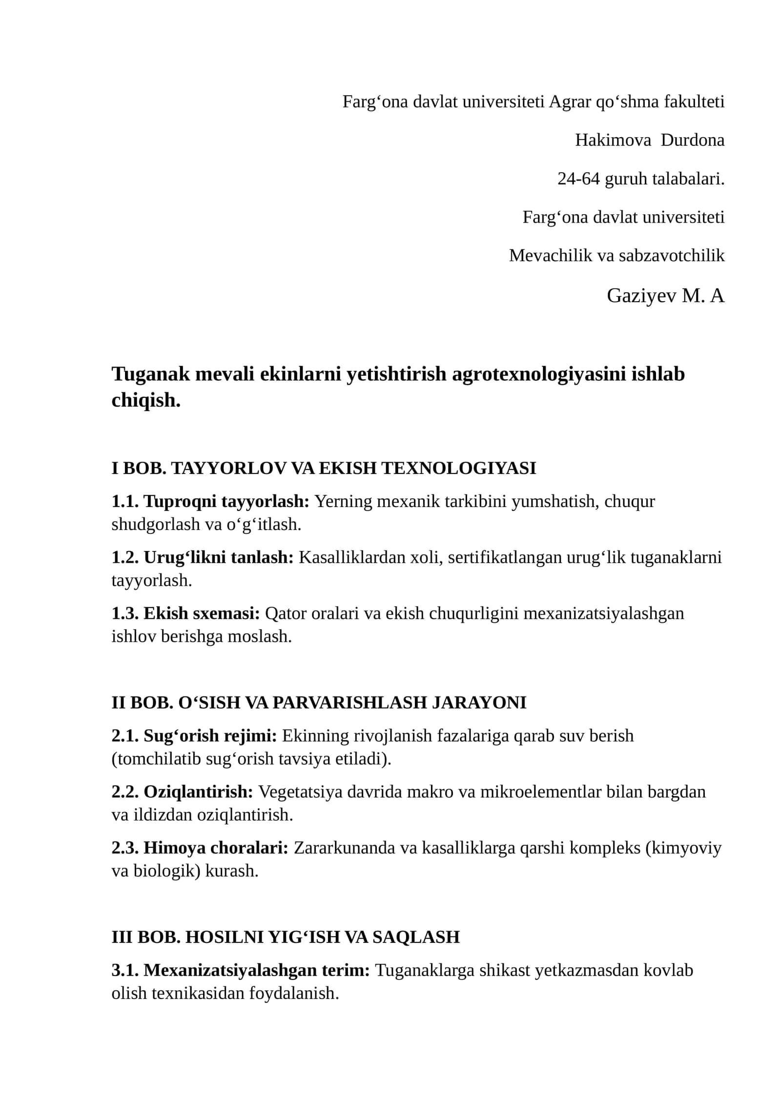 Tuganak mevali ekinlarni yetishtirish agrotexnologiyasini ishlab chiqish 1