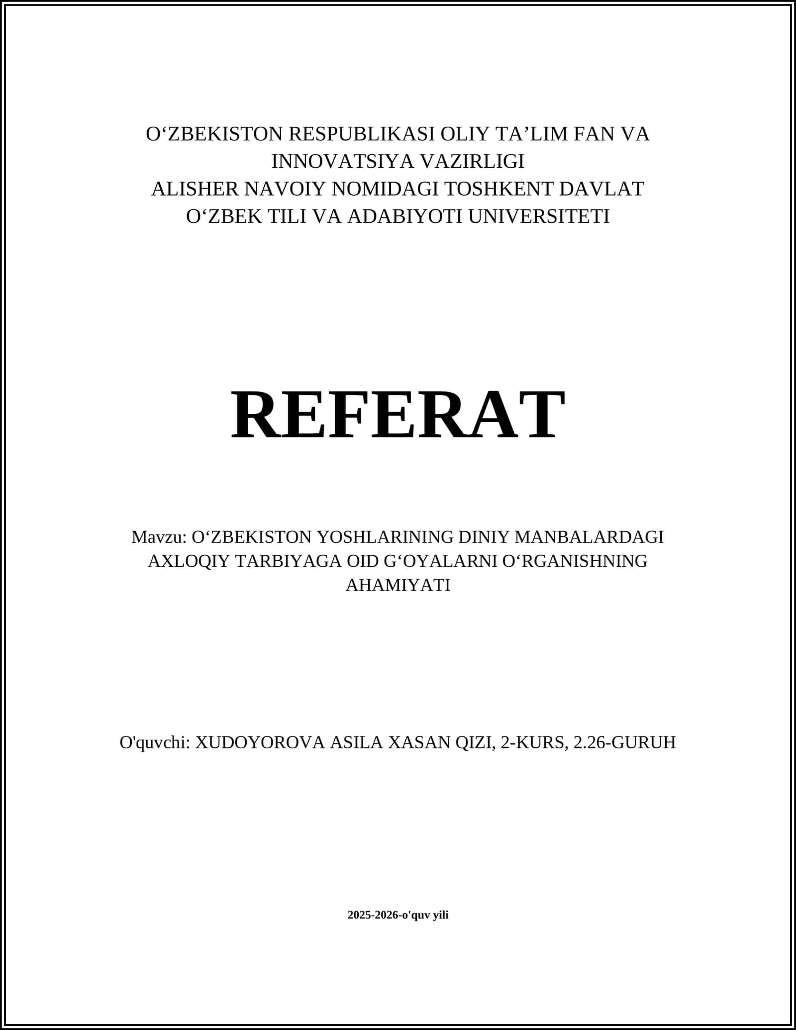 Oʻzbekiston yoshlarining diniy manbalardagi axloqiy gʻoyalarni oʻrganishining tarixiy-asriy jihatlari 1