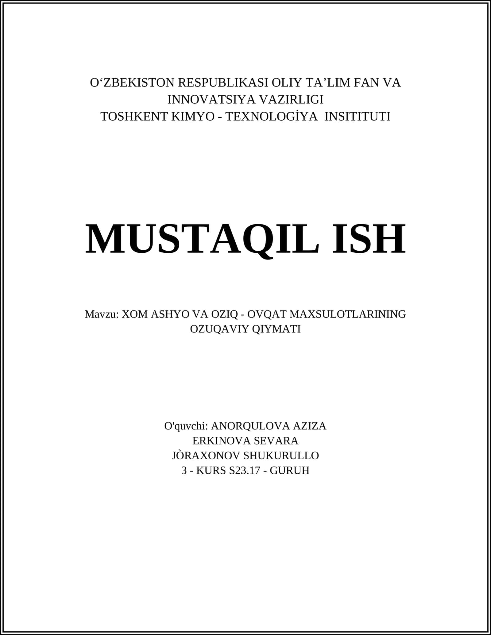 XOM ASHYO VA OZIQ - OVQAT MAXSULOTLARINING OZUQAVIY QIYMATI 1
