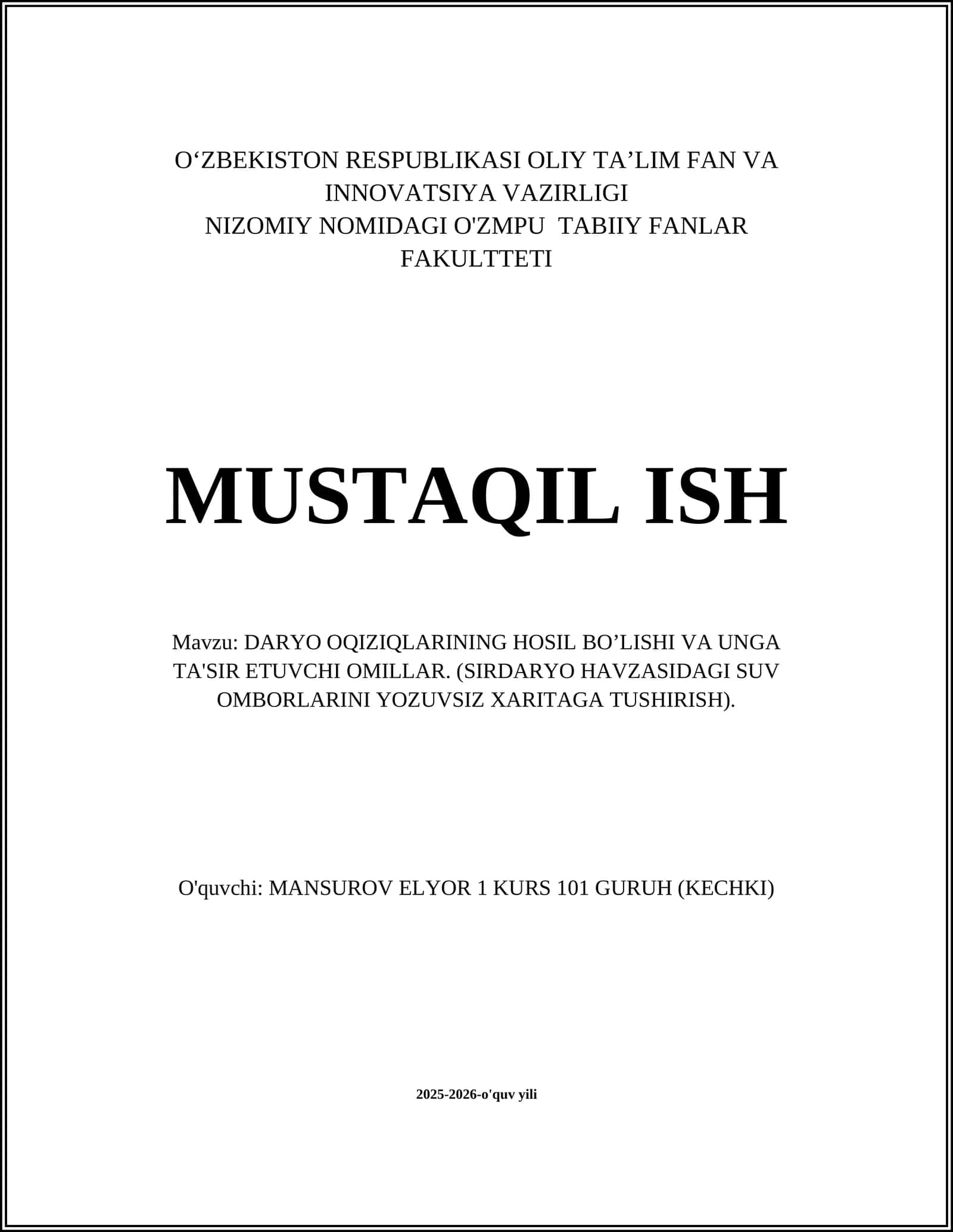 DARYO OQIZIQLARINING HOSIL BO’LISHI VA UNGA TA'SIR ETUVCHI OMILLAR 1