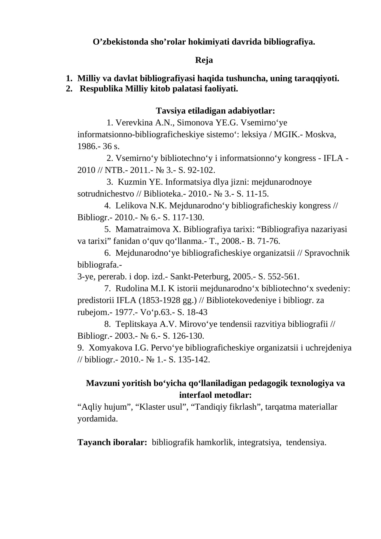 O'zbekistonda sho’rolar hokimiyati davrida bibliografiya 1