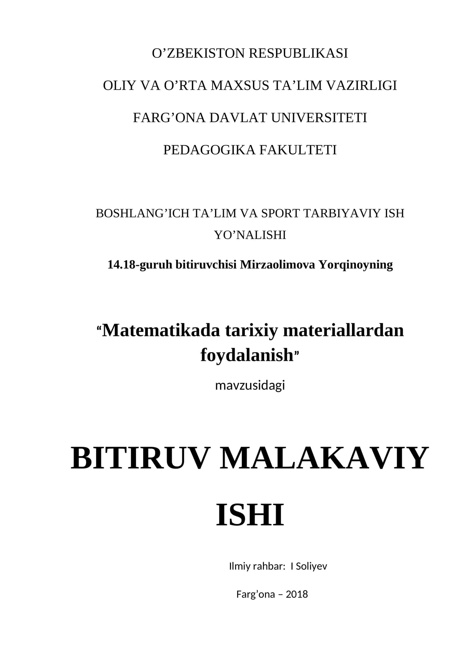 "Matematikada tarixiy materiallardan foydalanish" BITIRUV MALAKAVIY ISHI 1
