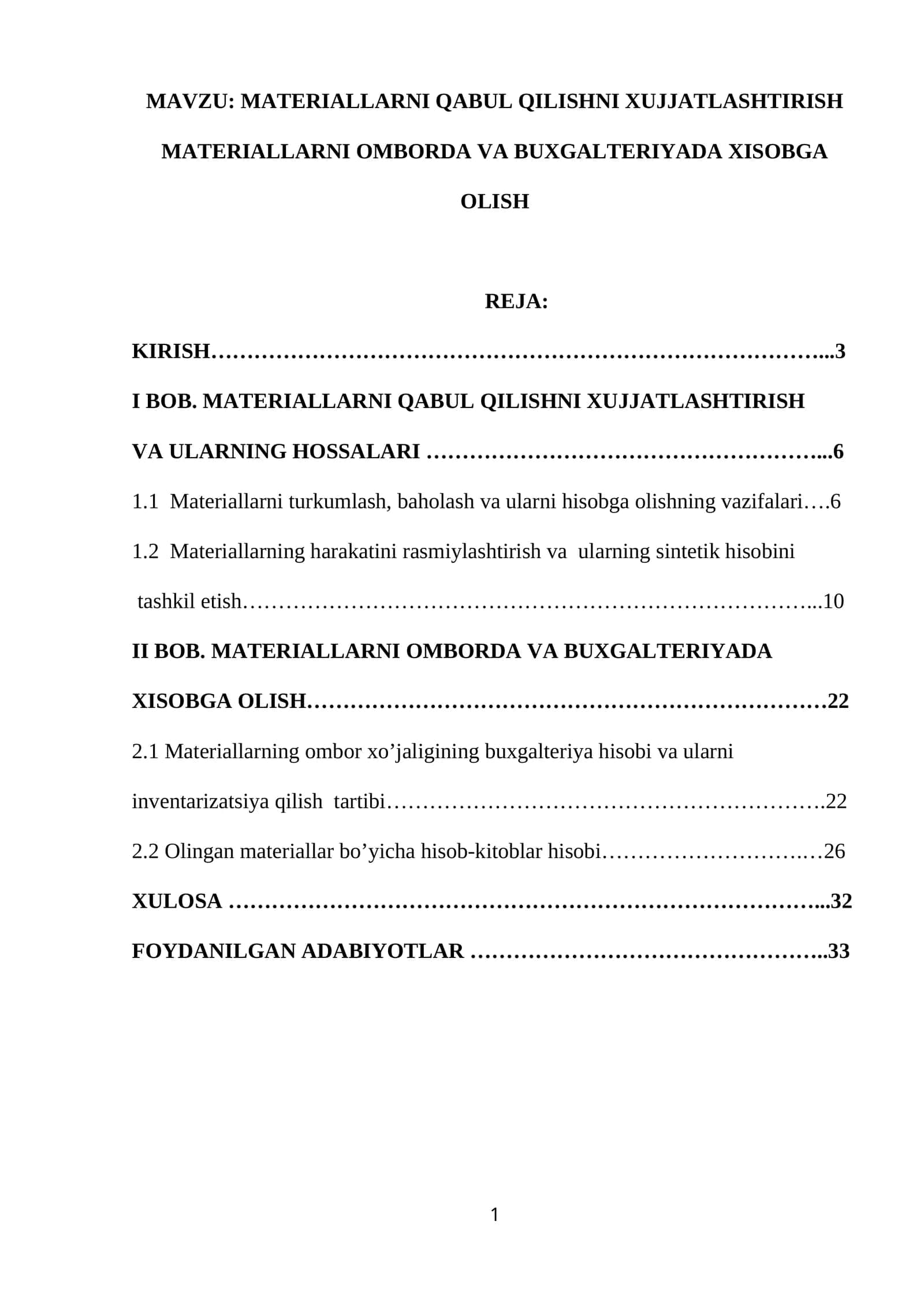 MATERIALLARNI QABUL QILISHNI XUJJATLASHTIRISH MATERIALLARNI OMBORDA VA BUXGALTERIYADA XISOBGA OLISH 1