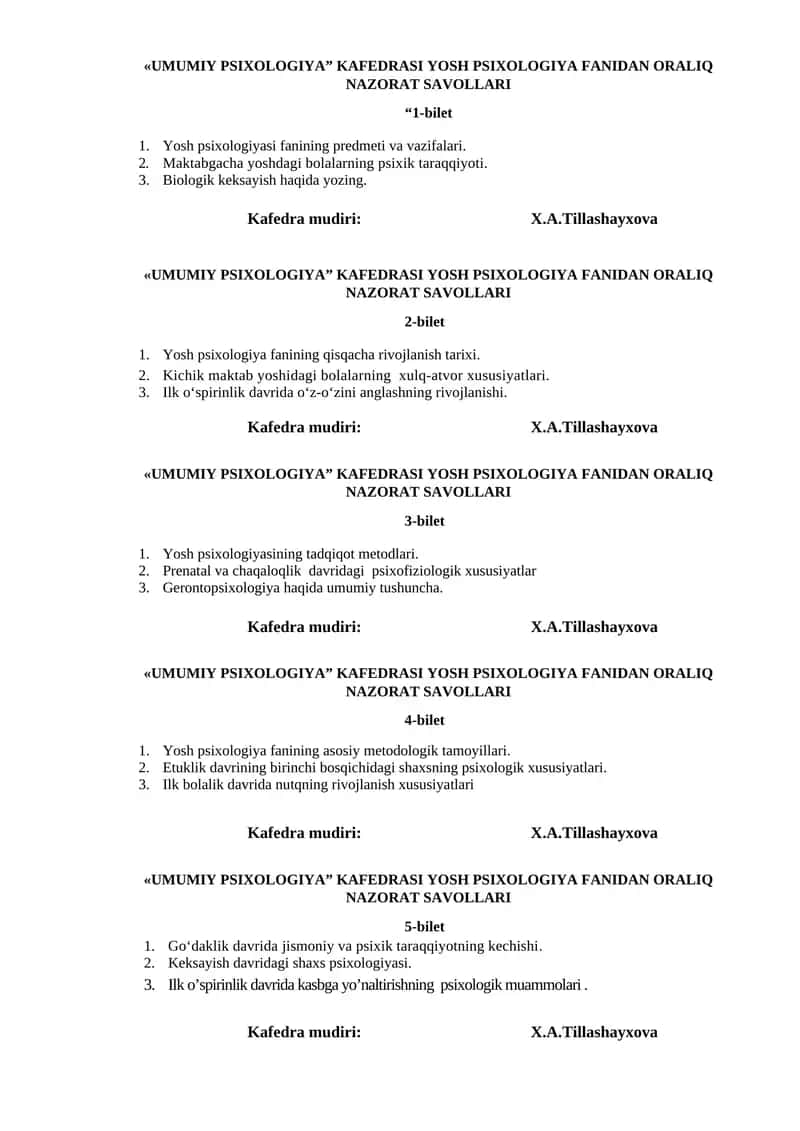 UMUMIY PSIXOLOGIYA” KAFEDRASI YOSH PSIXOLOGIYA FANIDAN ORALIQ NAZORAT SAVOLLARI 1