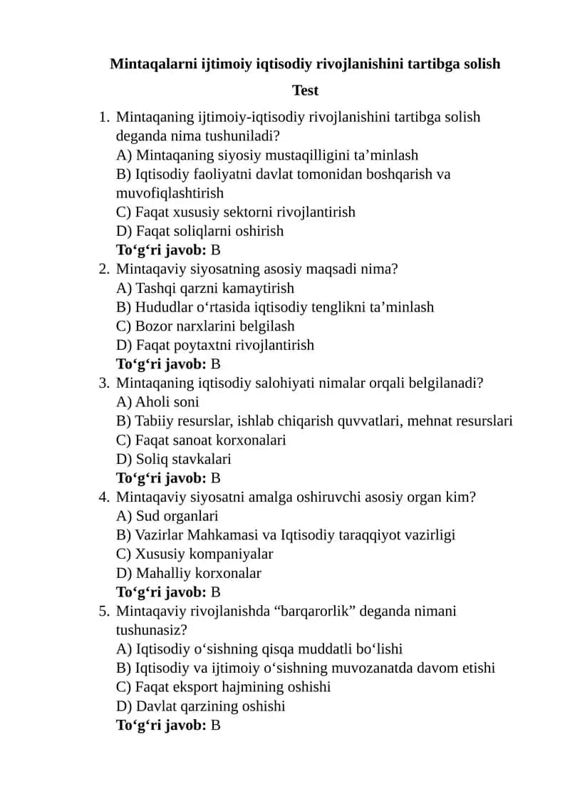 Mintaqalarni ijtimoiy iqtisodiy rivojlanishini tartibga solish 1