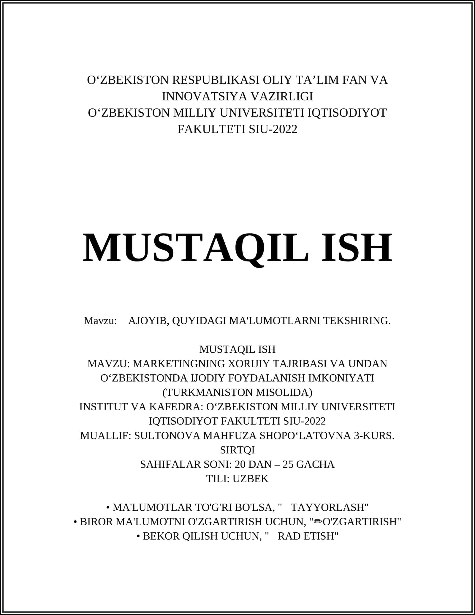MARKETINGNING XORIJIY TAJRIBASI VA UNDAN OʻZBEKISTONDA IJODIY FOYDALANISH IMKONIYATI (TURKMANISTON MISOLIDA) 1