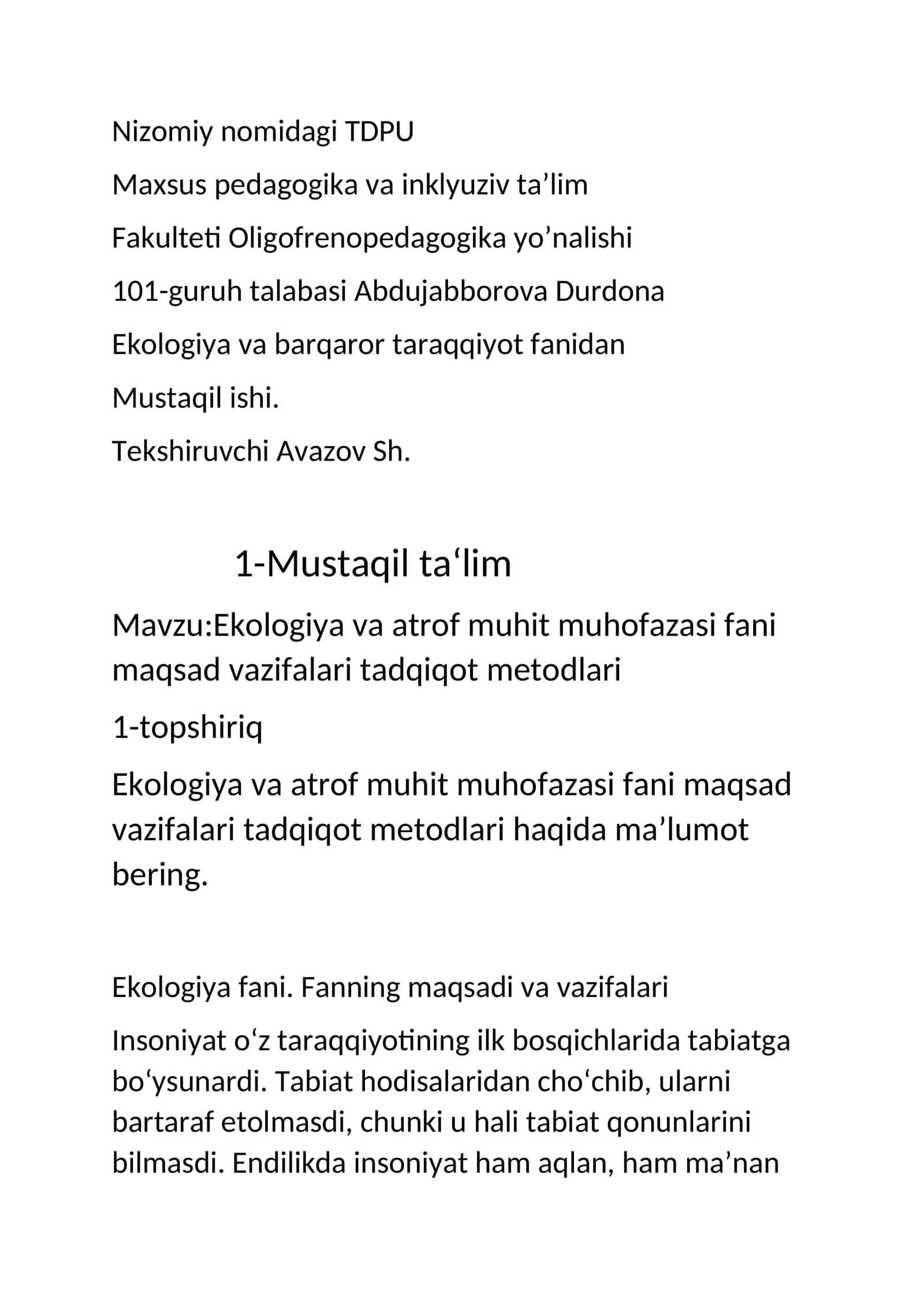 Ekologiya va atrof muhit muhofazasi fani 1