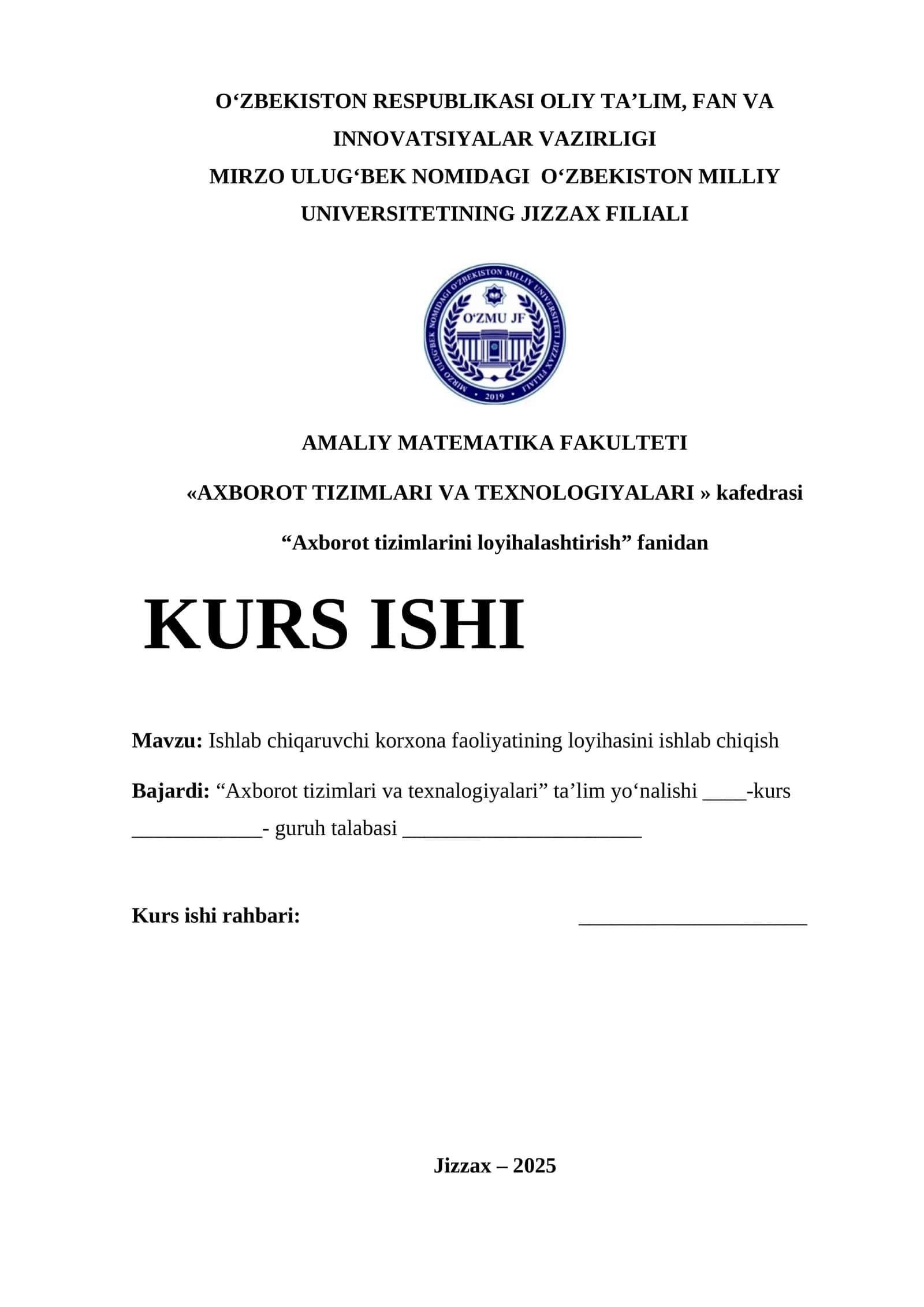Ishlab chiqaruvchi korxona faoliyatining loyihasini ishlab chiqish 1