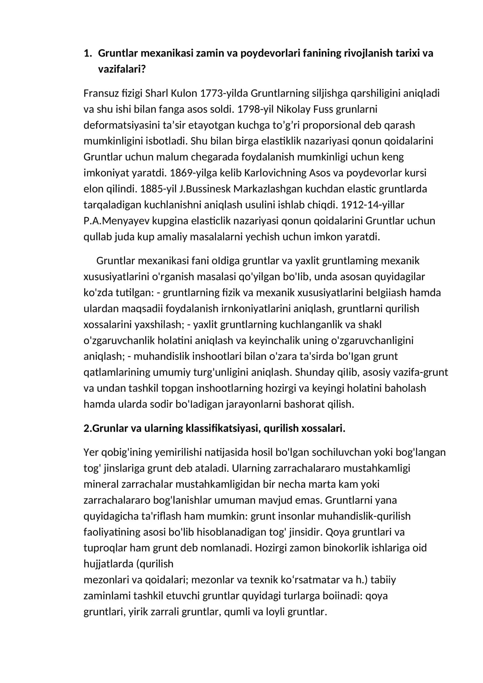 Gruntlar mexanikasi zamin va poydevorlari fanining rivojlanish tarixi va vazifalari 1