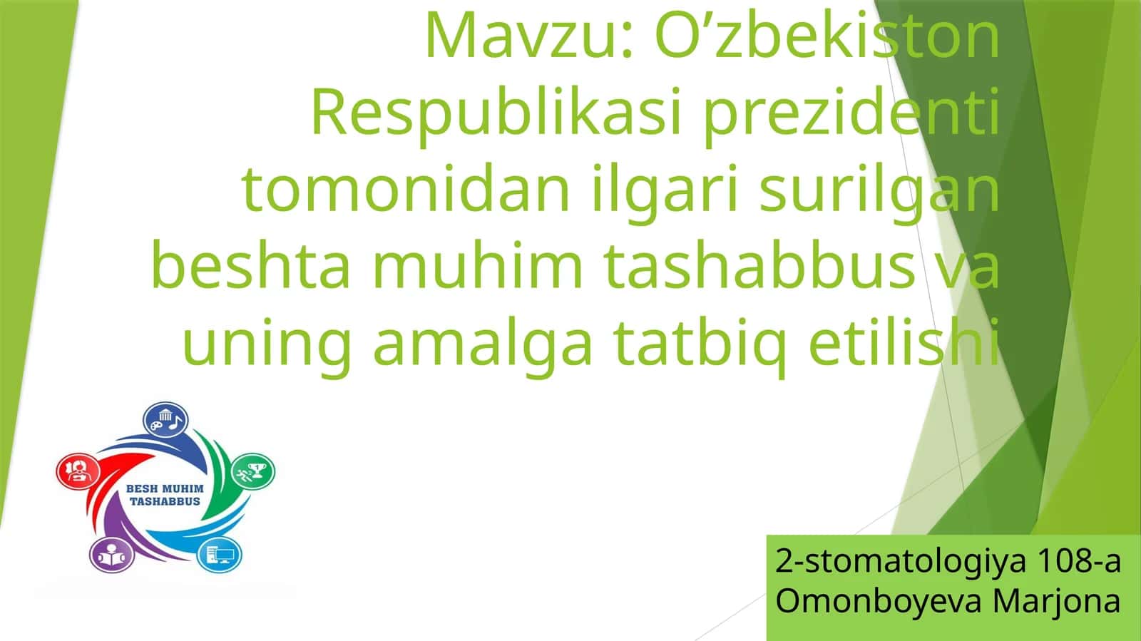 Oʻzbekiston prezidenti tomonidan ilgari surilgan beshta muhim tashabbus va uning amalga tatbiq etilishi 1