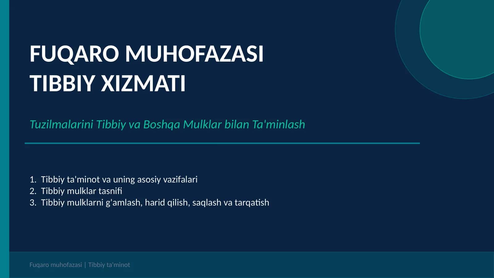 Fuqaro muxofazasi tibbiy xizmati tuzilmalarini tibbiy va boshqa mulklar

bilan taminlash. 1