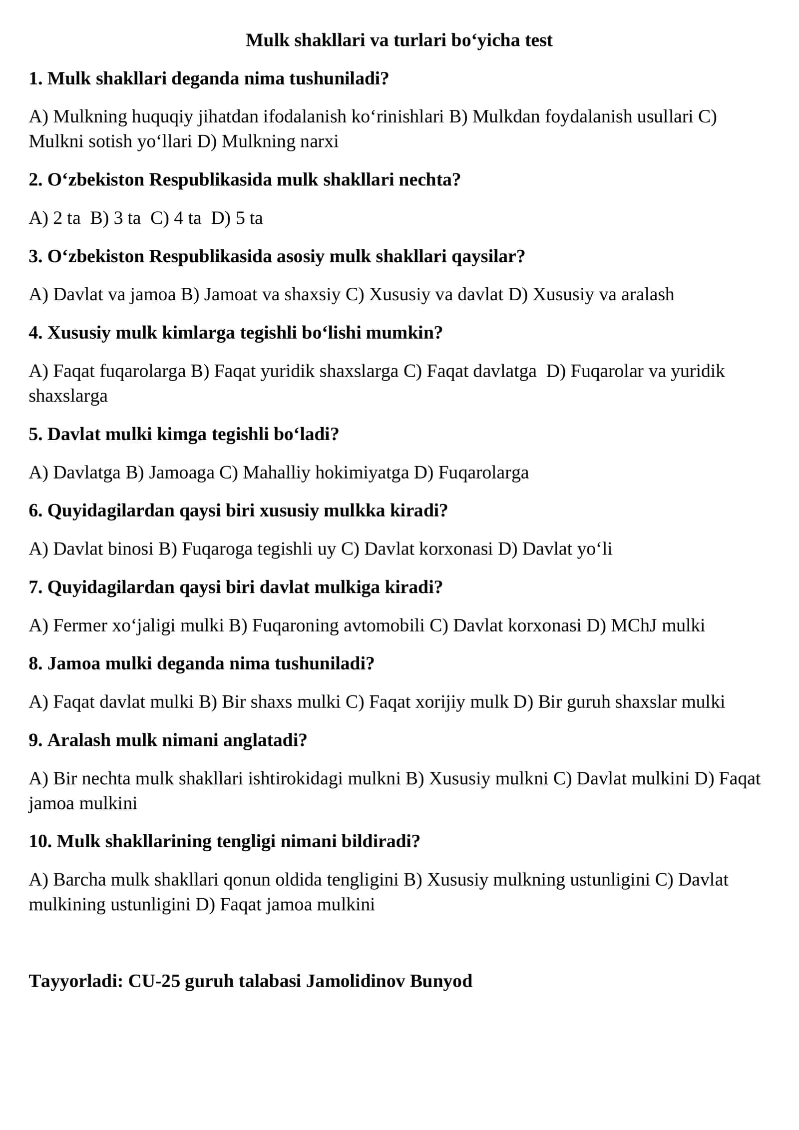 Mulk shakllari va turlari bo‘yicha test 1