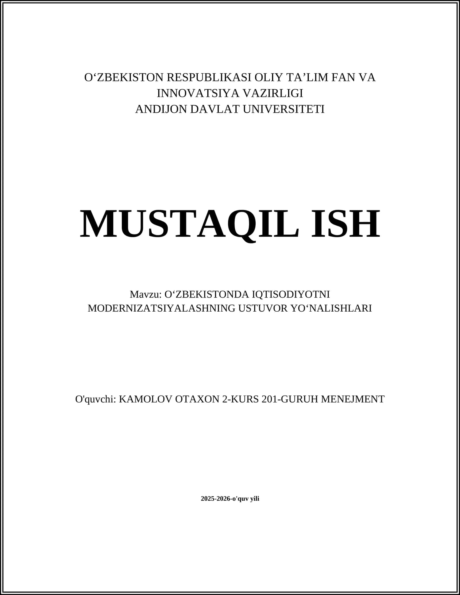 O‘ZBEKISTONDA IQTISODIYOTNI MODERNIZATSIYALASHNING USTUVOR YO‘NALISHLARI 1