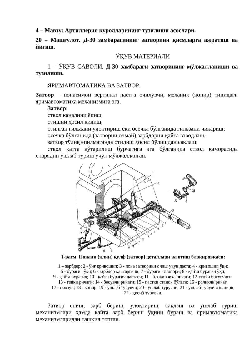 Д-30 замбарагининг затворини қисмларга ажратиш ва йиғиш 1
