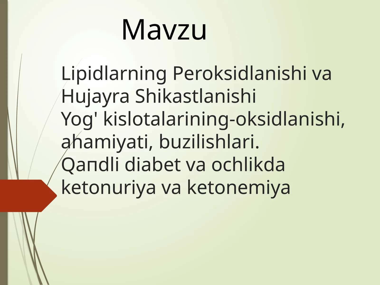 Lipidlarning Peroksidlanishi va Hujayra Shikastlanishi Yog' kislotalarining-oksidlanishi, ahamiyati, buzilishlari. Qandli diabet va ochlikda ketonuriya va ketonemiya 1