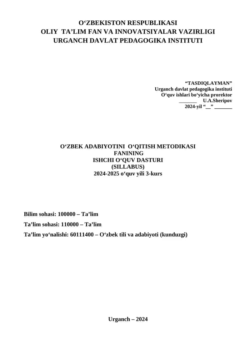 O‘ZBEK ADABIYOTINI O‘QITISH METODIKASI 1