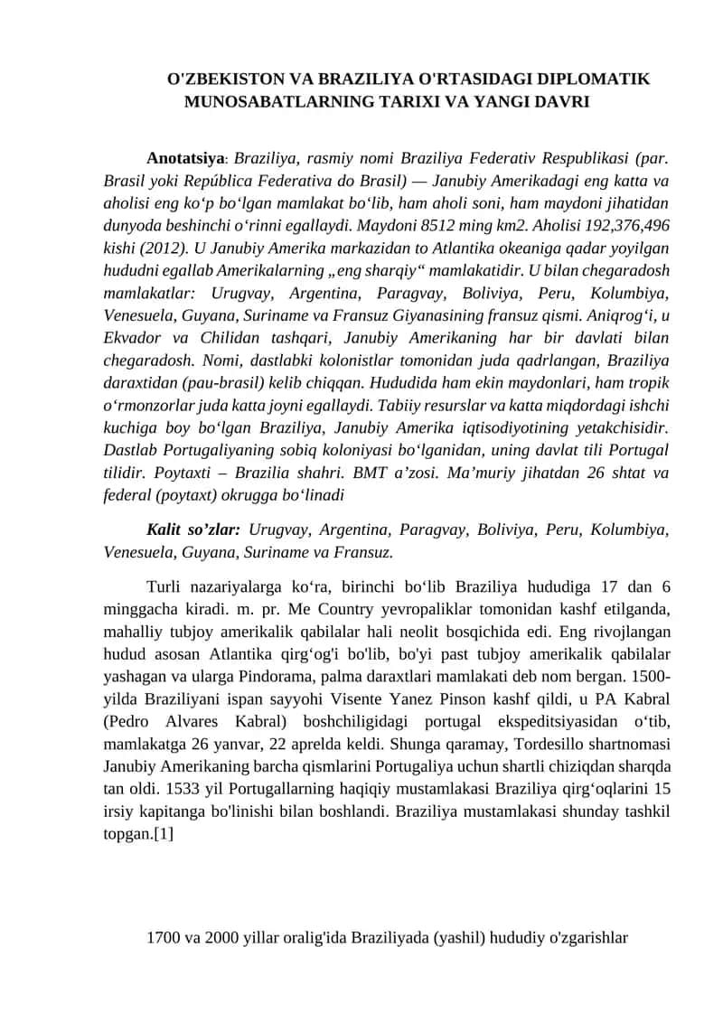O'ZBEKISTON VA BRAZILIYA O'RTASIDAGI DIPLOMATIK MUNOSABATLARNING TARIXI VA YANGI DAVRI 1