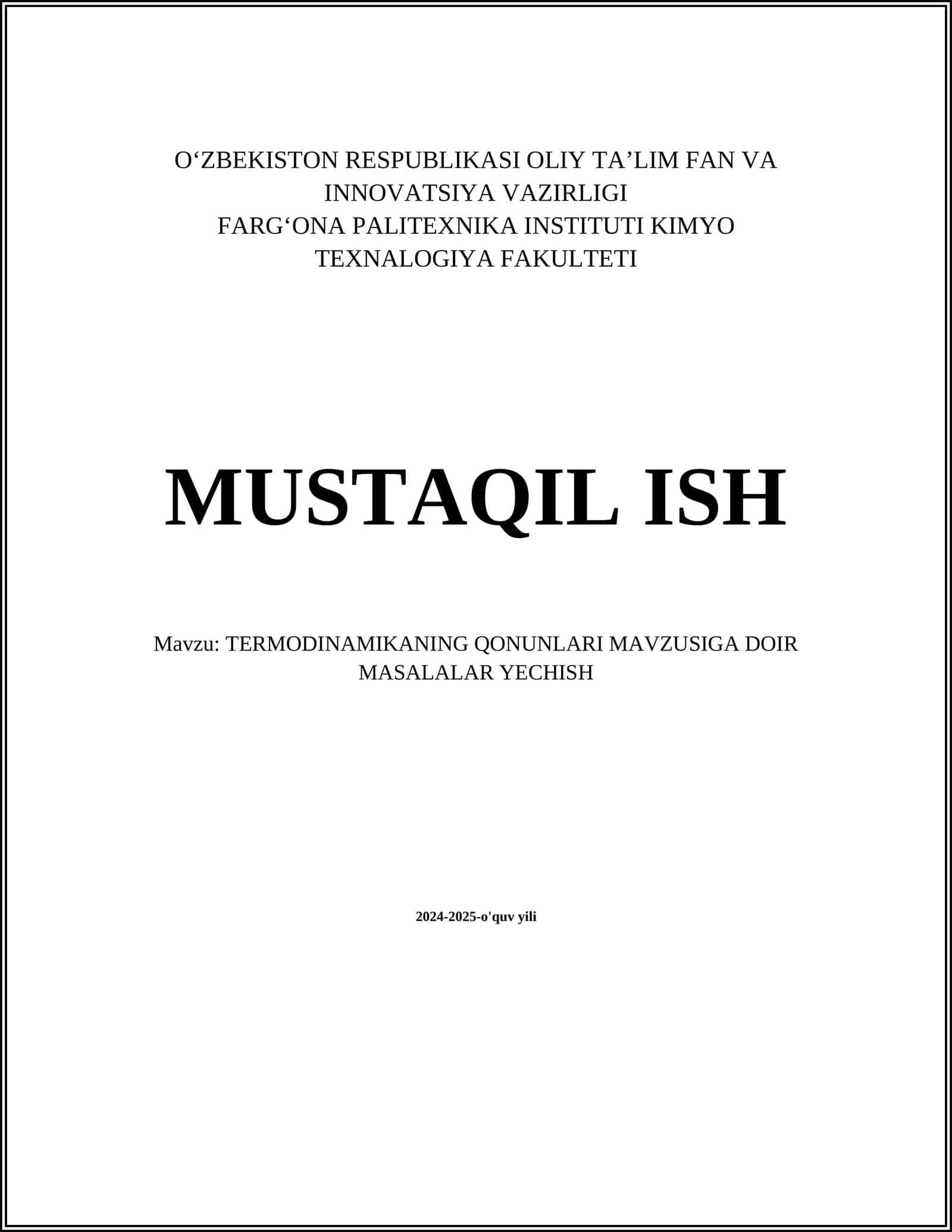 TERMODINAMIKANING QONUNLARI MAVZUSIGA DOIR MASALALAR YECHISH 1