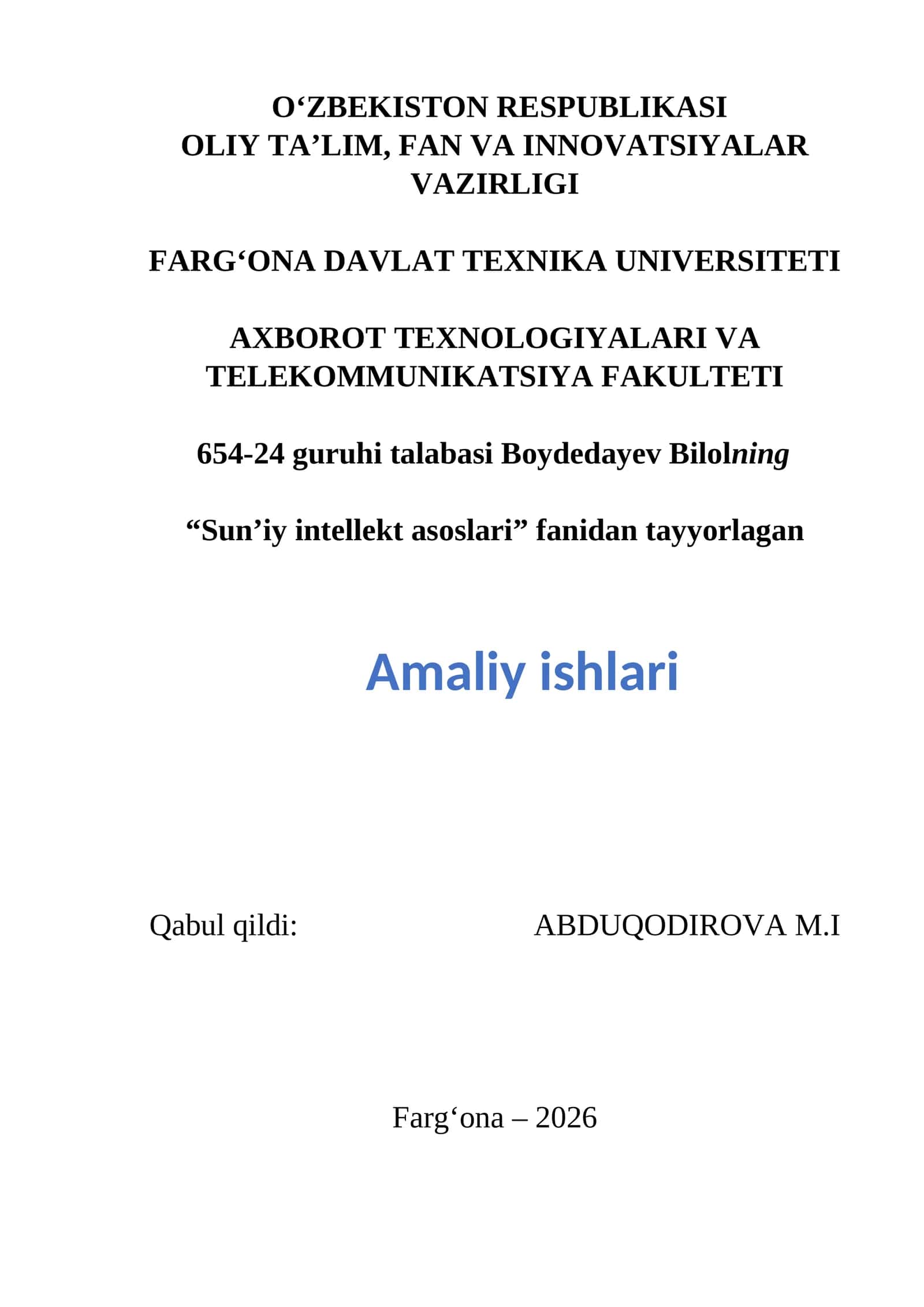 Sun'iy intelekt asoslari  amaliy ishlar toplami 2 kurs talabalari uchun 1