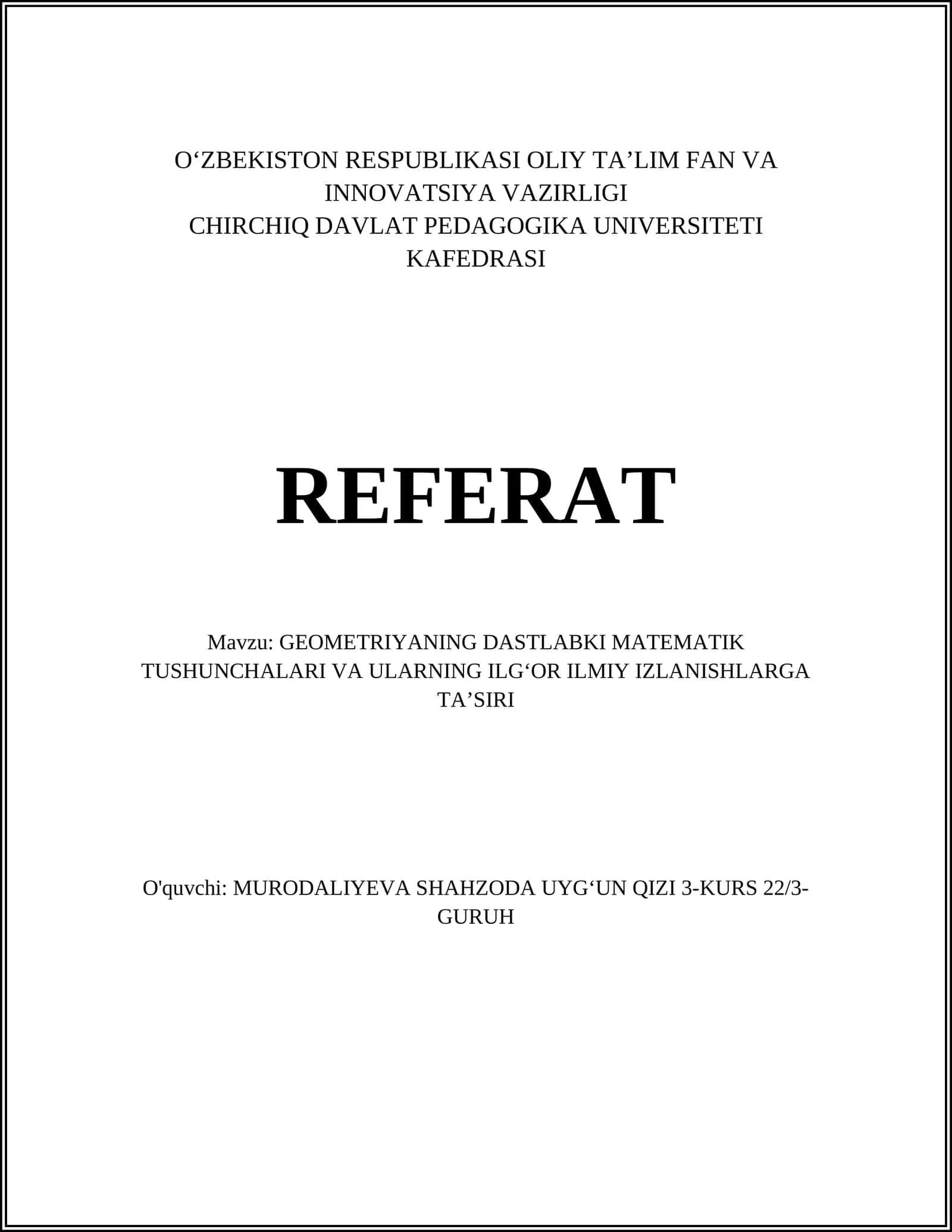 GEOMETRIYANING DASTLABKI MATEMATIK TUSHUNCHALARI VA ULARNING ILG’OR ILMIY IZLANISHLARGA TA’SIRI 1
