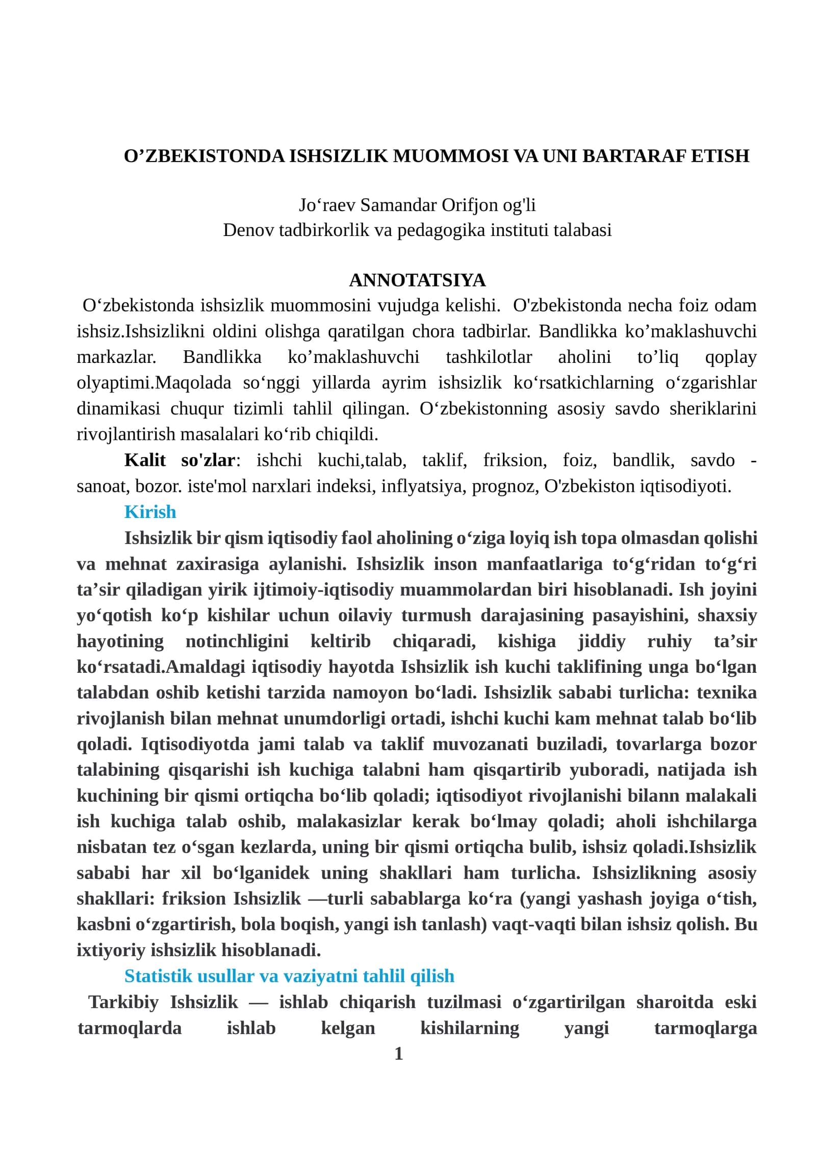 O’ZBEKISTONDA ISHSIZLIK MUOMMOSI VA UNI BARTARAF ETISH 1