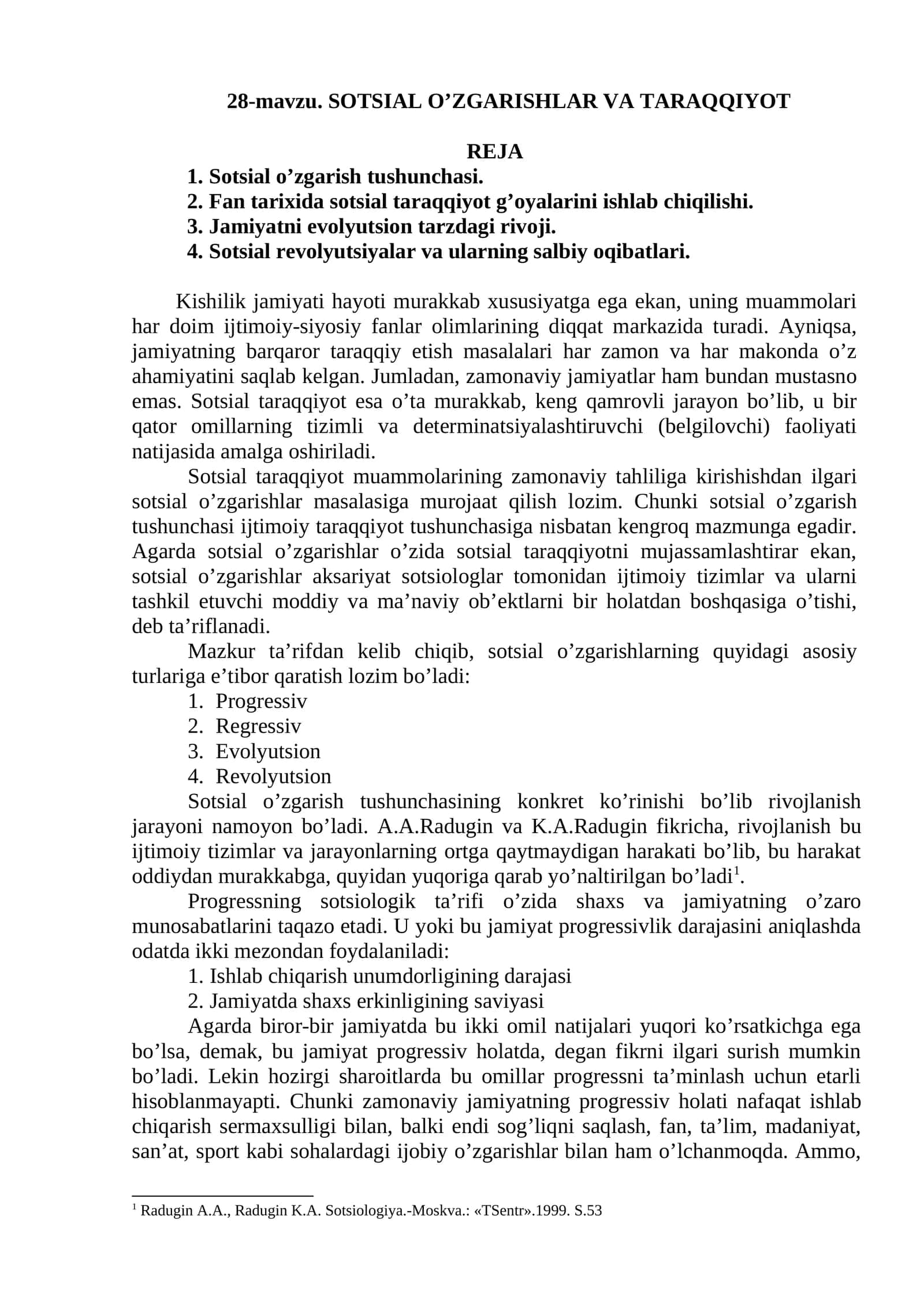 SOTSIAL O’ZGARISHLAR VA TARAQQIYOT 1