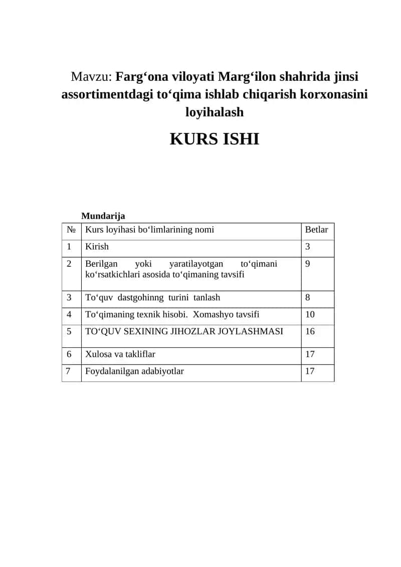 Farg‘ona viloyati Marg‘ilon shahrida jinsi assortimentdagi to‘qima ishlab chiqarish korxonasini loyihalash 1