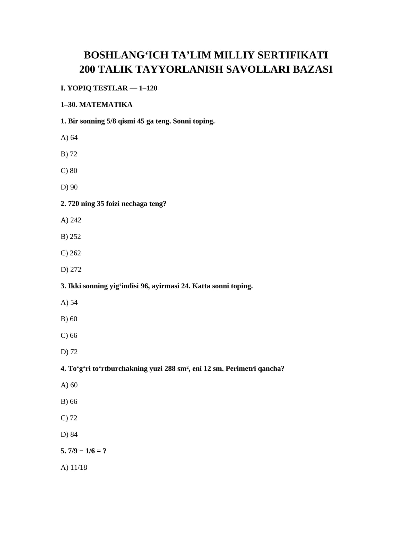 BOSHLANGICH TALIM MILLIY SERTIFIKAT (200 Talik Tayyorlanish Savollari Bazasi) 1