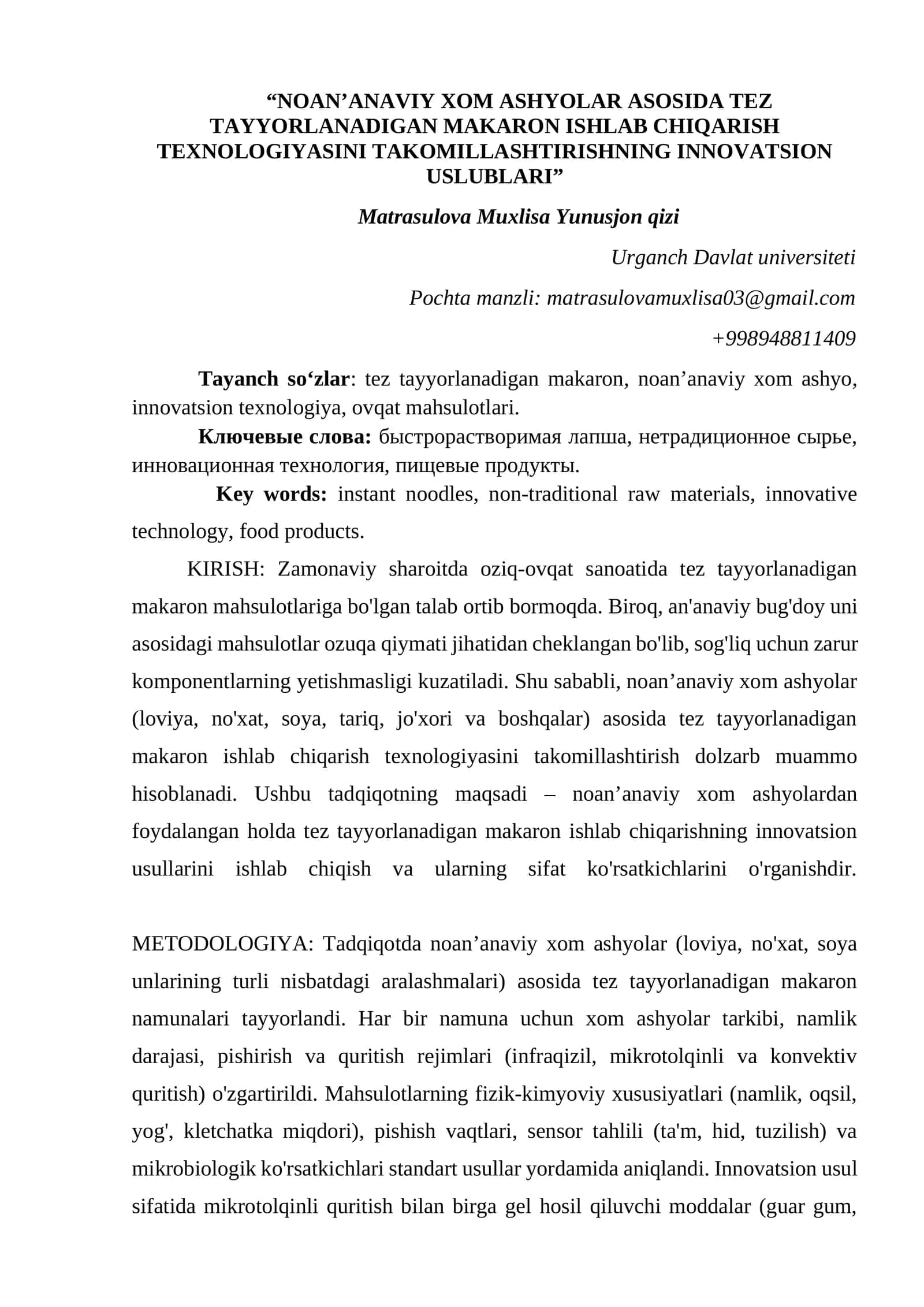 NOAN’ANAVIY XOM ASHYOLAR ASOSIDA TEZ TAYYORLANADIGAN MAKARON ISHLAB CHIQARISH TEXNOLOGIYASINI TAKOMILLASHTIRISHNING INNOVATSION USLUBLARI 1