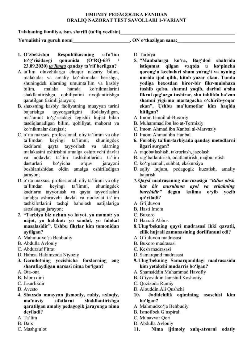 UMUMIY PEDAGOGIKA FANIDAN ORALIQ NAZORAT TEST SAVOLLARI 1-VARIANT 1