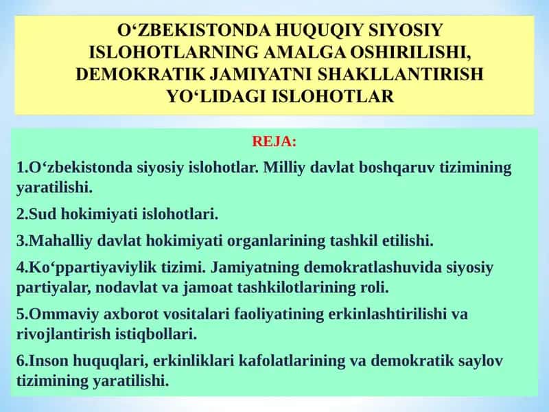 О‘ZBEKISTONDA HUQUQIY SIYOSIY ISLOHOTLARNING AMALGA OSHIRILISHI, DEMOKRATIK 1