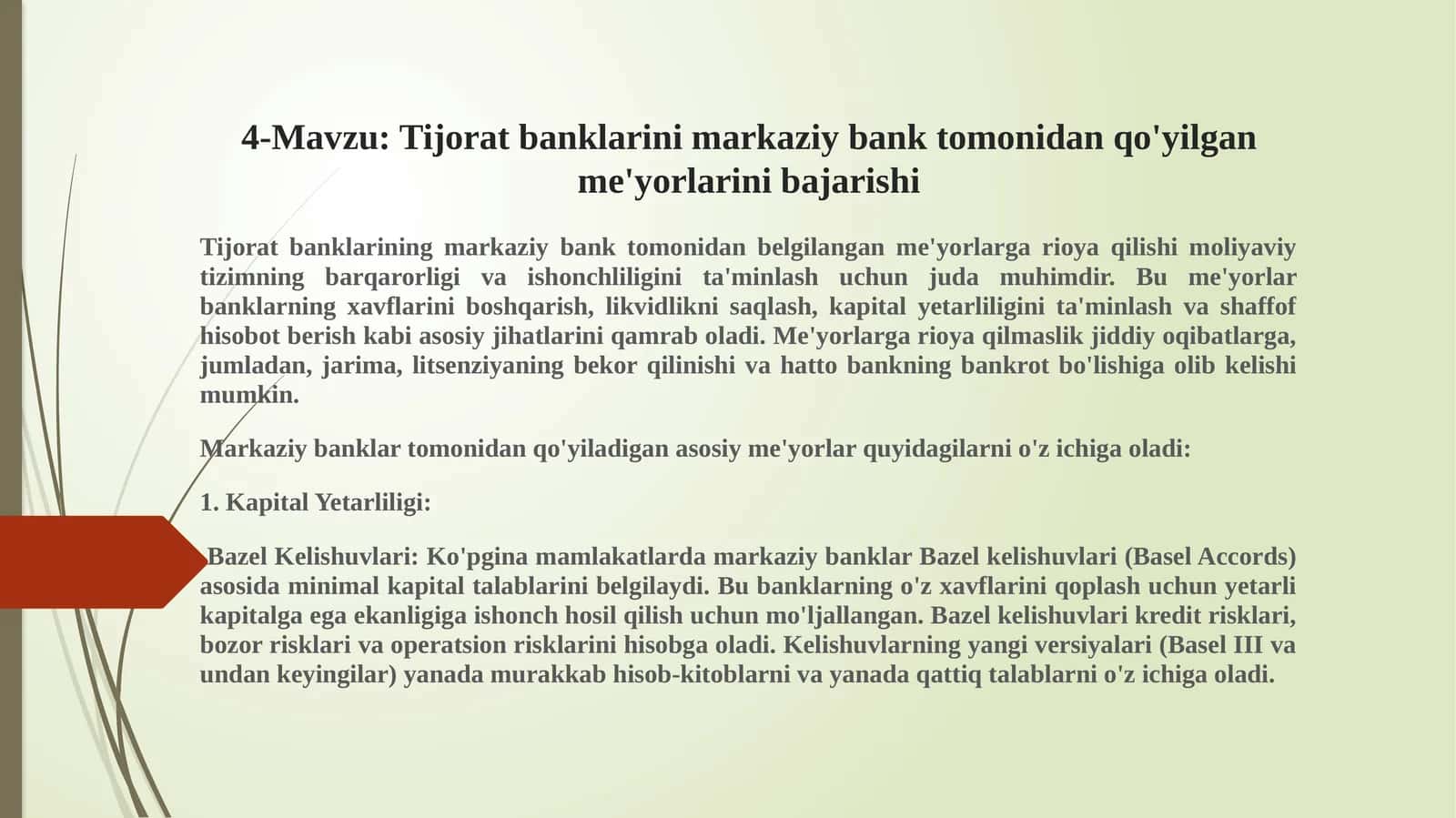 Tijoratbanklarinimarkaziybanktomonidanqo'yilganme'yorlarinibajarishi 1