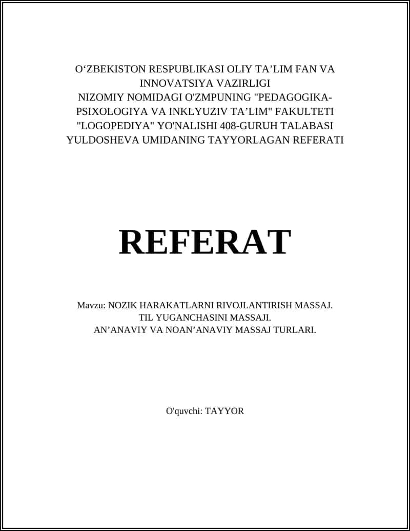 NOZIK HARAKATLARNI RIVOJLANTIRISH MASSAJ. TIL YUGANCHASINI MASSAJI 1