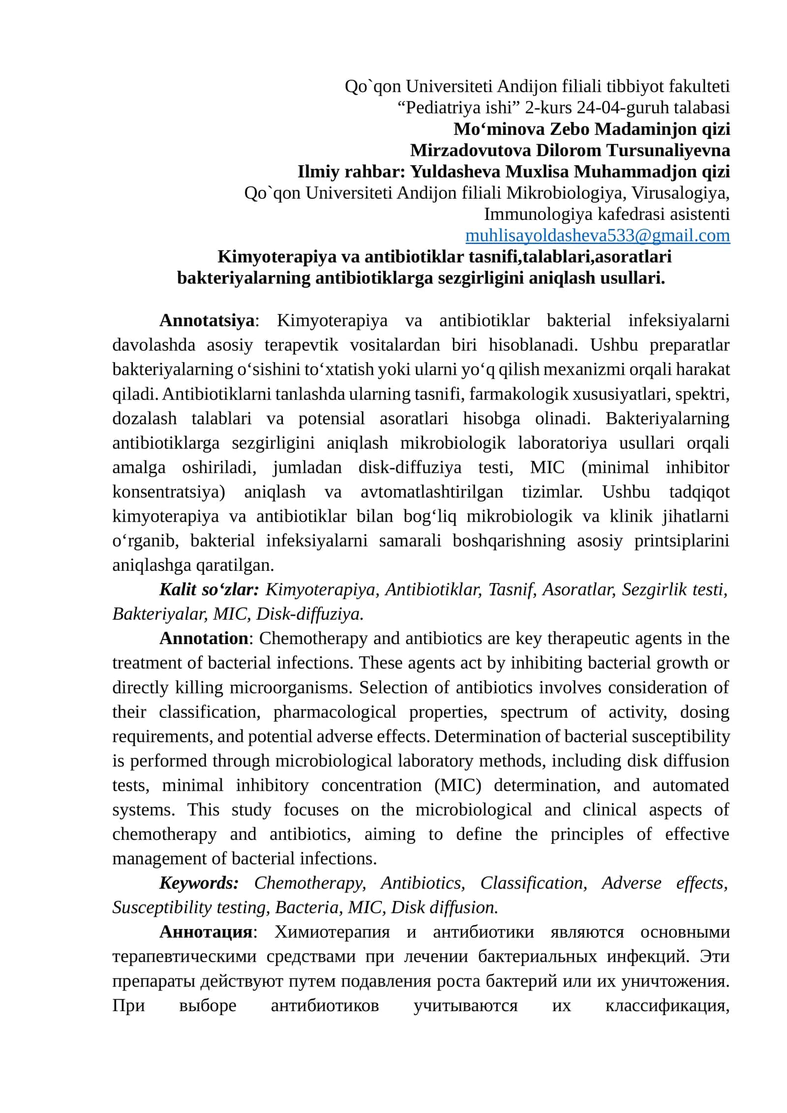 Kimyoterapiya va antibiotiklar tasnifi 1