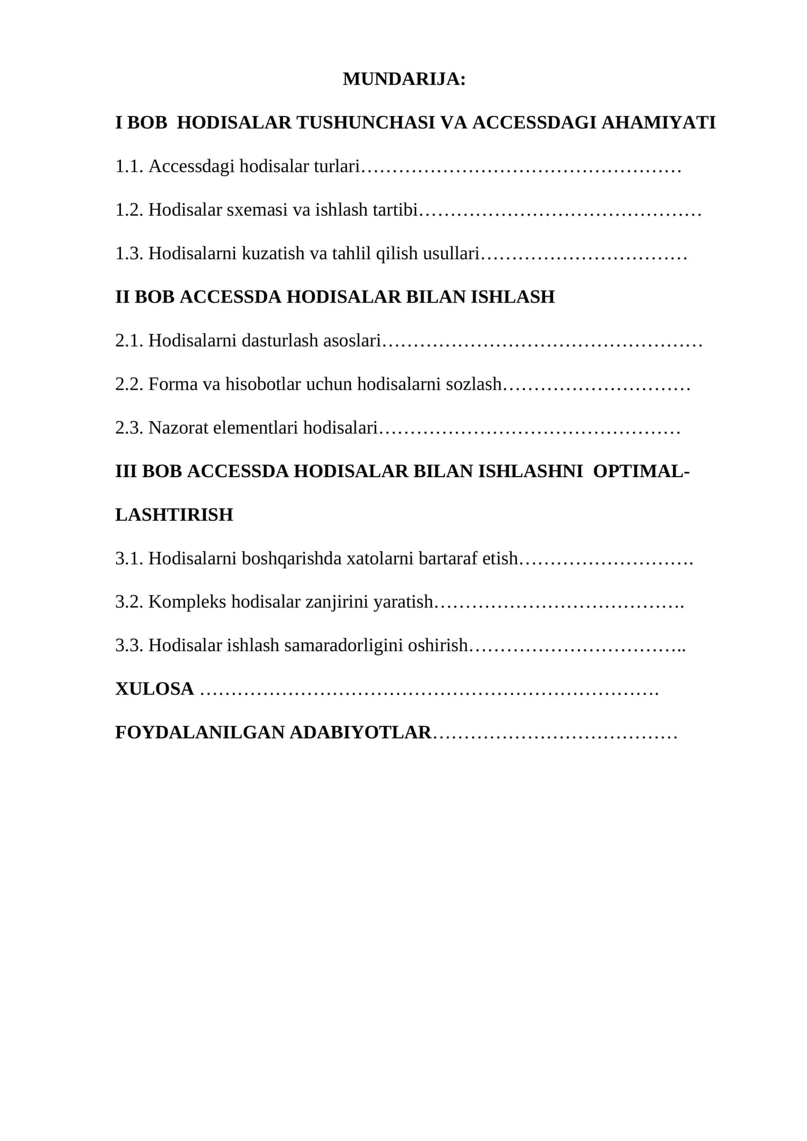 Accessdagi hodisalar turlari va uning boshqarilishi 1