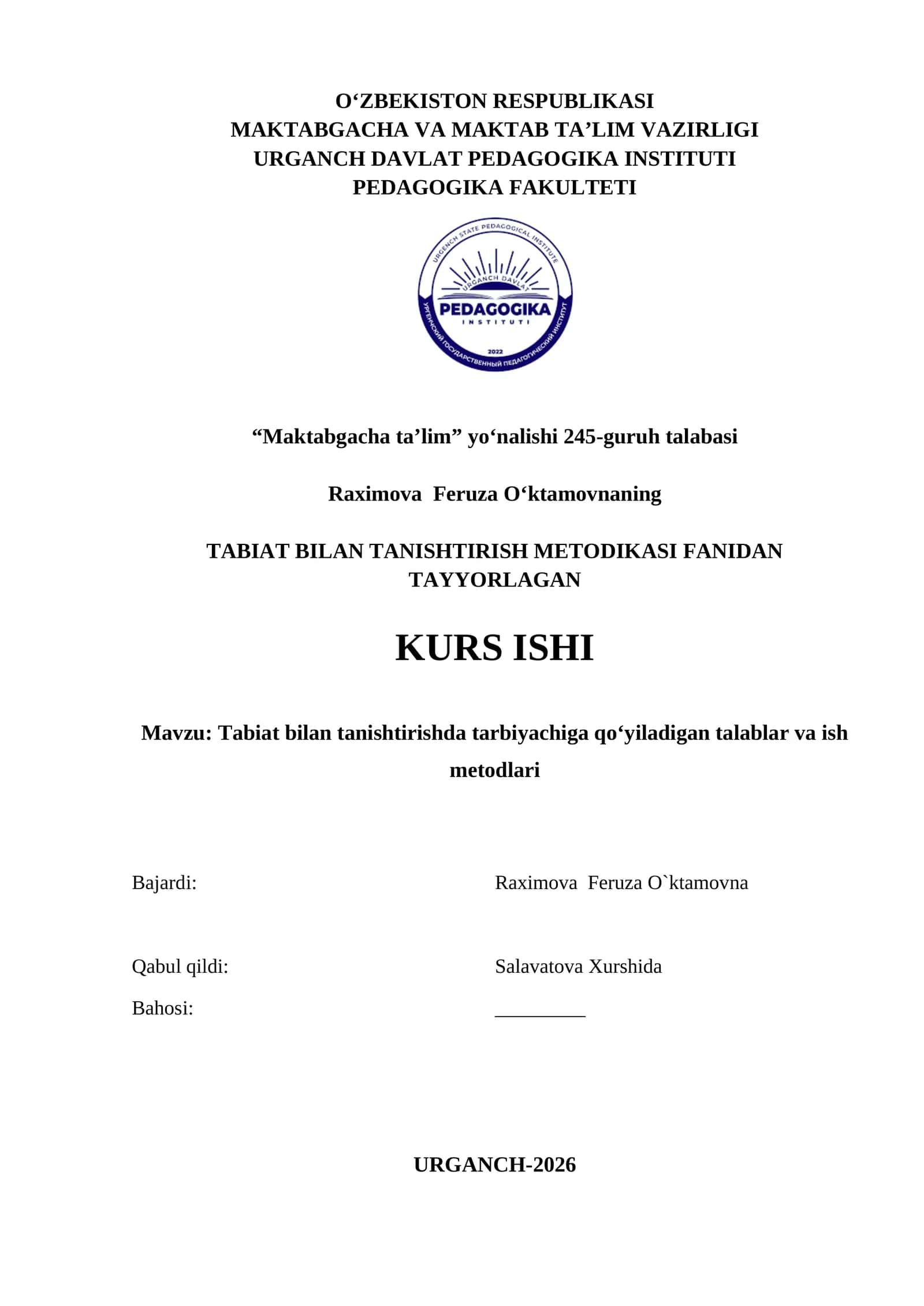 Tabiat bilan tanishtirishda tarbiyachiga qo‘yiladigan talablar va ish metodlari 1