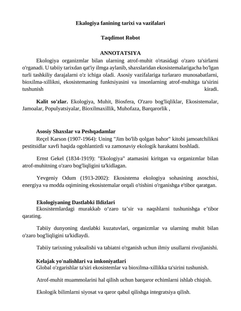 Ekologiya fanining tarixi va vazifalari 1