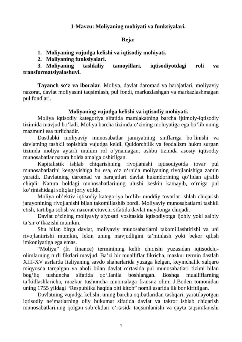 Moliyaning mohiyati va funksiyalari 1
