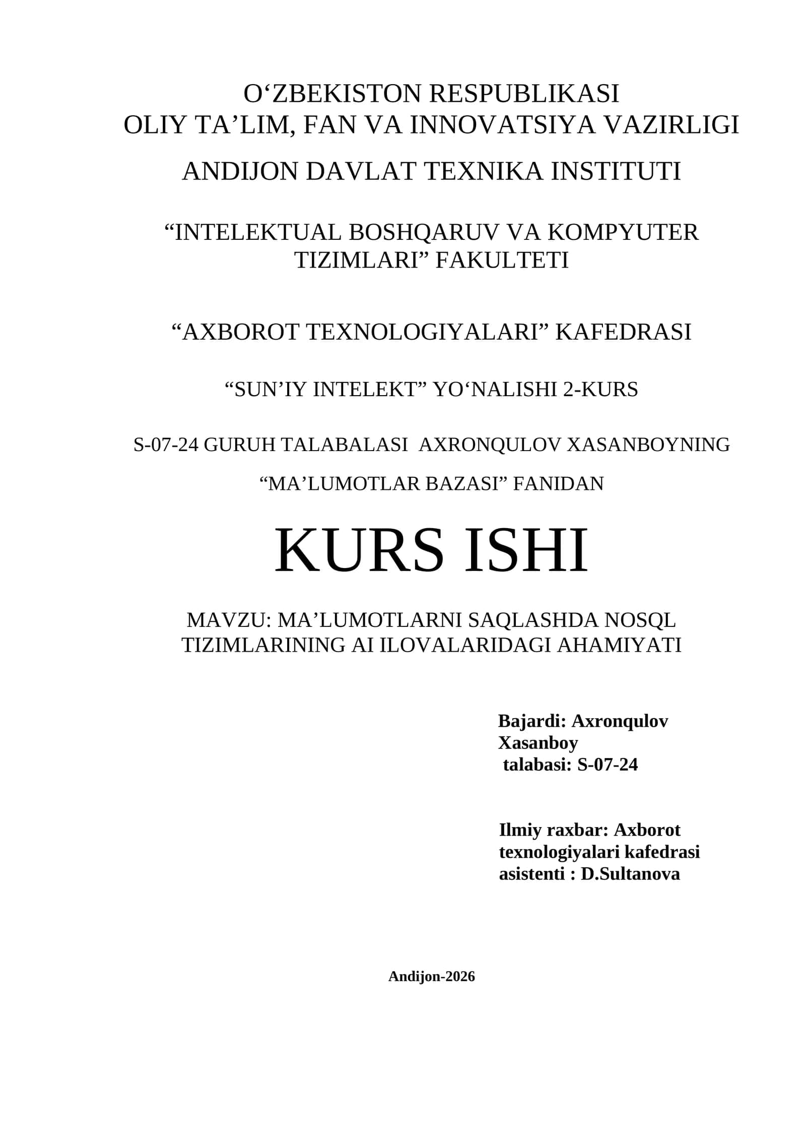 MA’LUMOTLARNI SAQLASHDA NOSQL TIZIMLARINING AI ILOVALARIDAGI AHAMIYATI 1