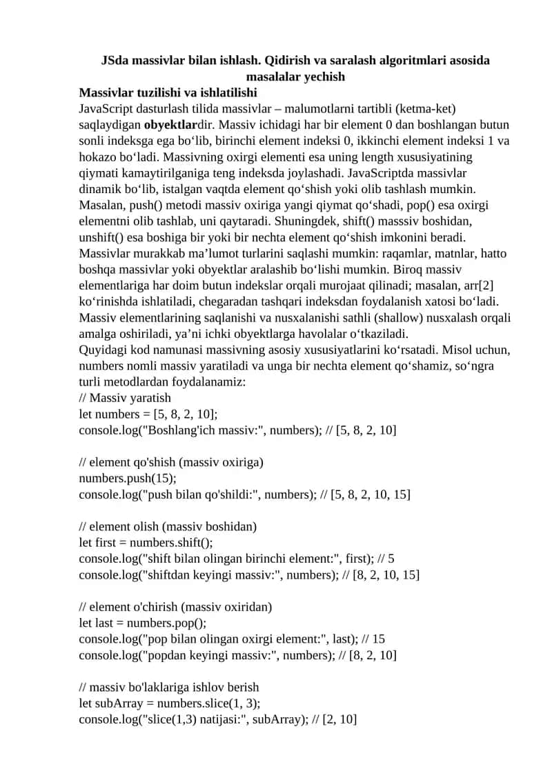 JavaScriptda Massivlar bilan ishlash 1