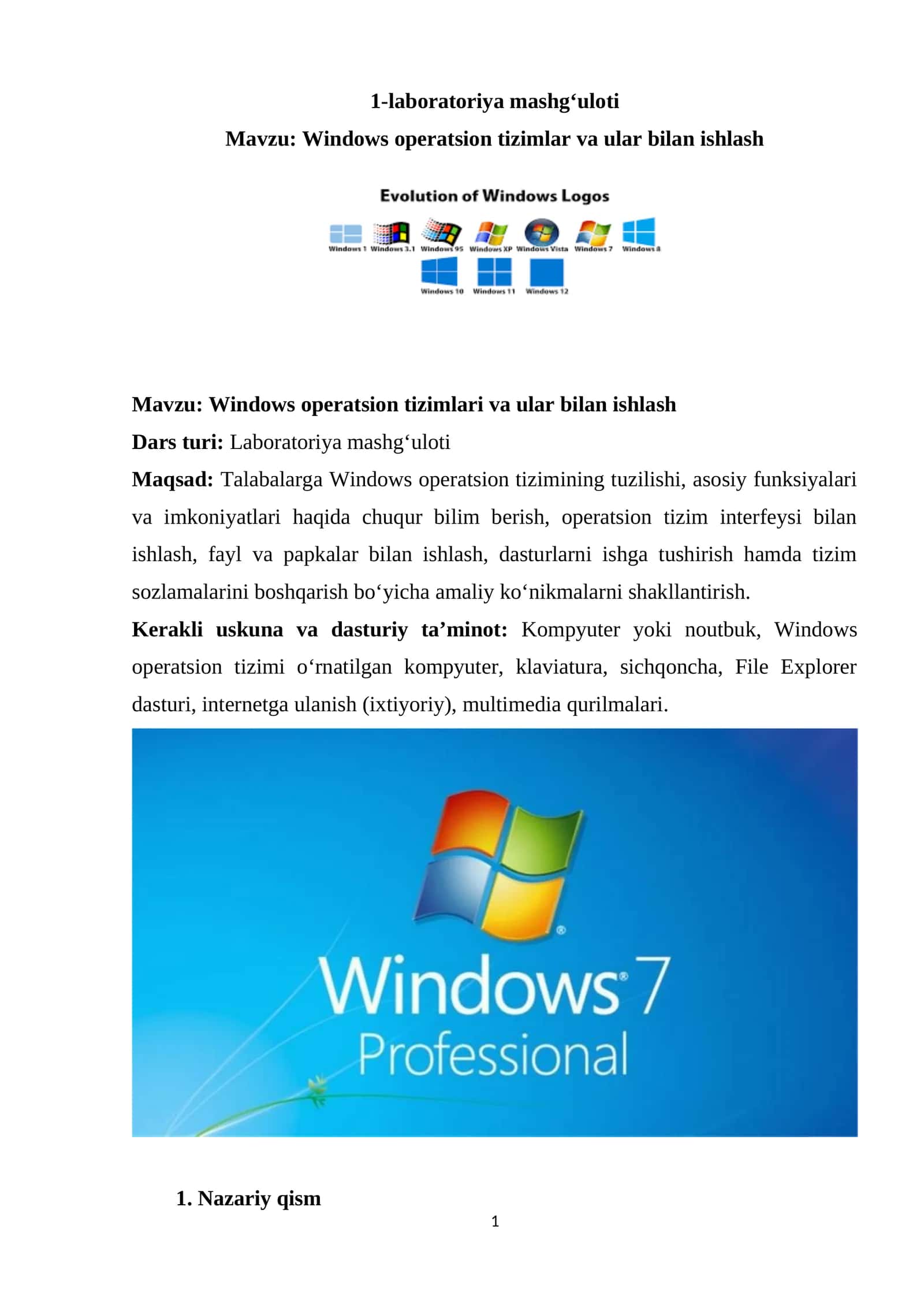 Windows operatsion tizimlar va ular bilan ishlash 1