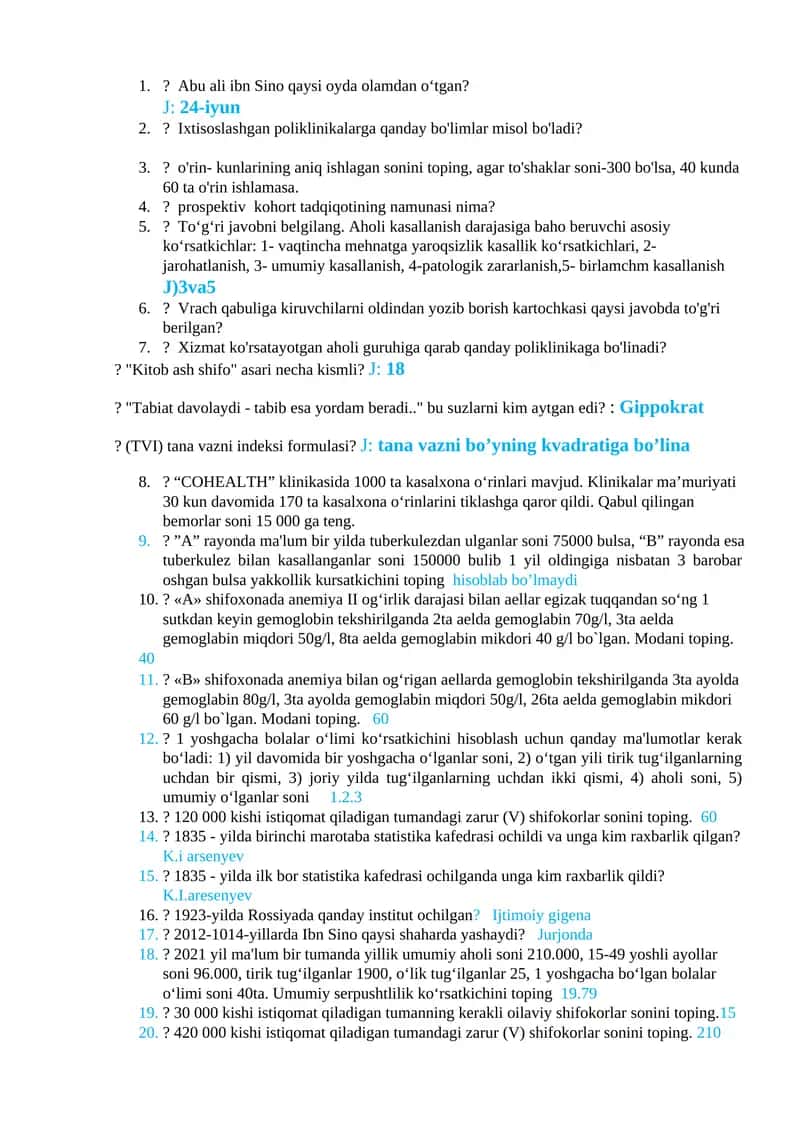 Tibbiyotga oid savol-javoblar to'plami 1